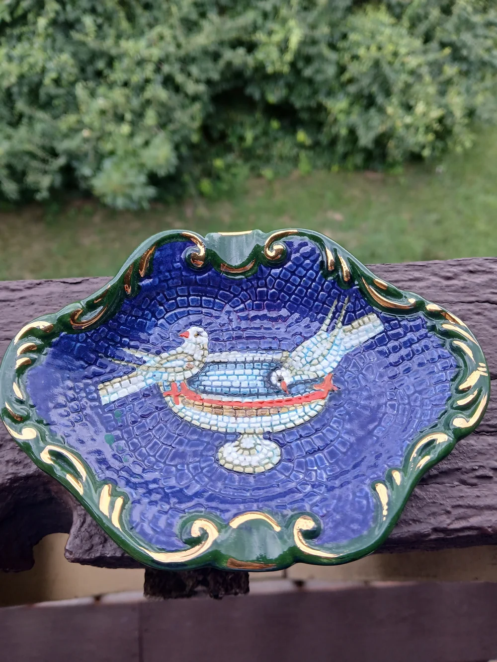 Hand-Painted Blue and Green Ceramic Decorative Dish with Bird Motif